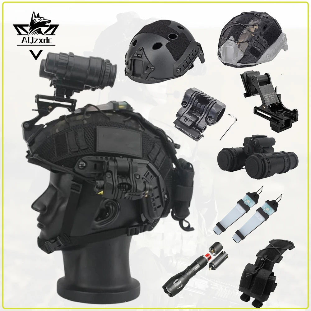 Tactical Airsoft Helmet Set With PVS14 Bracket Binocular Night Vision Goggles Model Signal Light Battery Pouch for Shooting Game