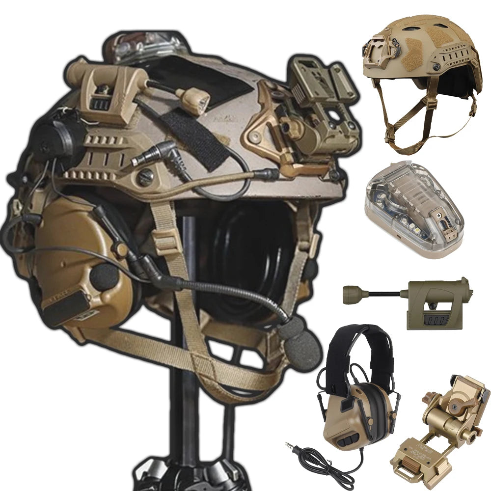 Tactical Airsoft Helmet Set with Metal L4G24 Bracket Signal Light Sound Pickup Noise Reduction Headphones for CS Game Cosplay