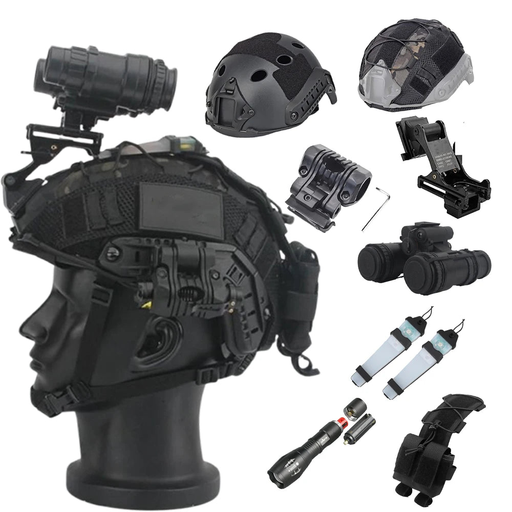 Tactical Airsoft Helmet Set With PVS14 Bracket Binocular Night Vision Goggles Model Signal Light Battery Pouch for Shooting Game