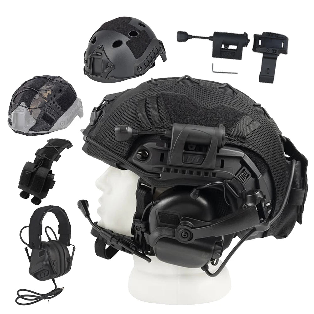 Airsoft Tactical Helmet Set FAST Full Head Protection Equipment with Helmet Light Earphones Battery Pouch for Paintball Shooting