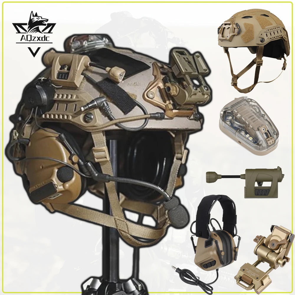 Tactical Airsoft Helmet Set with Metal L4G24 Bracket Signal Light Sound Pickup Noise Reduction Headphones for CS Game Cosplay