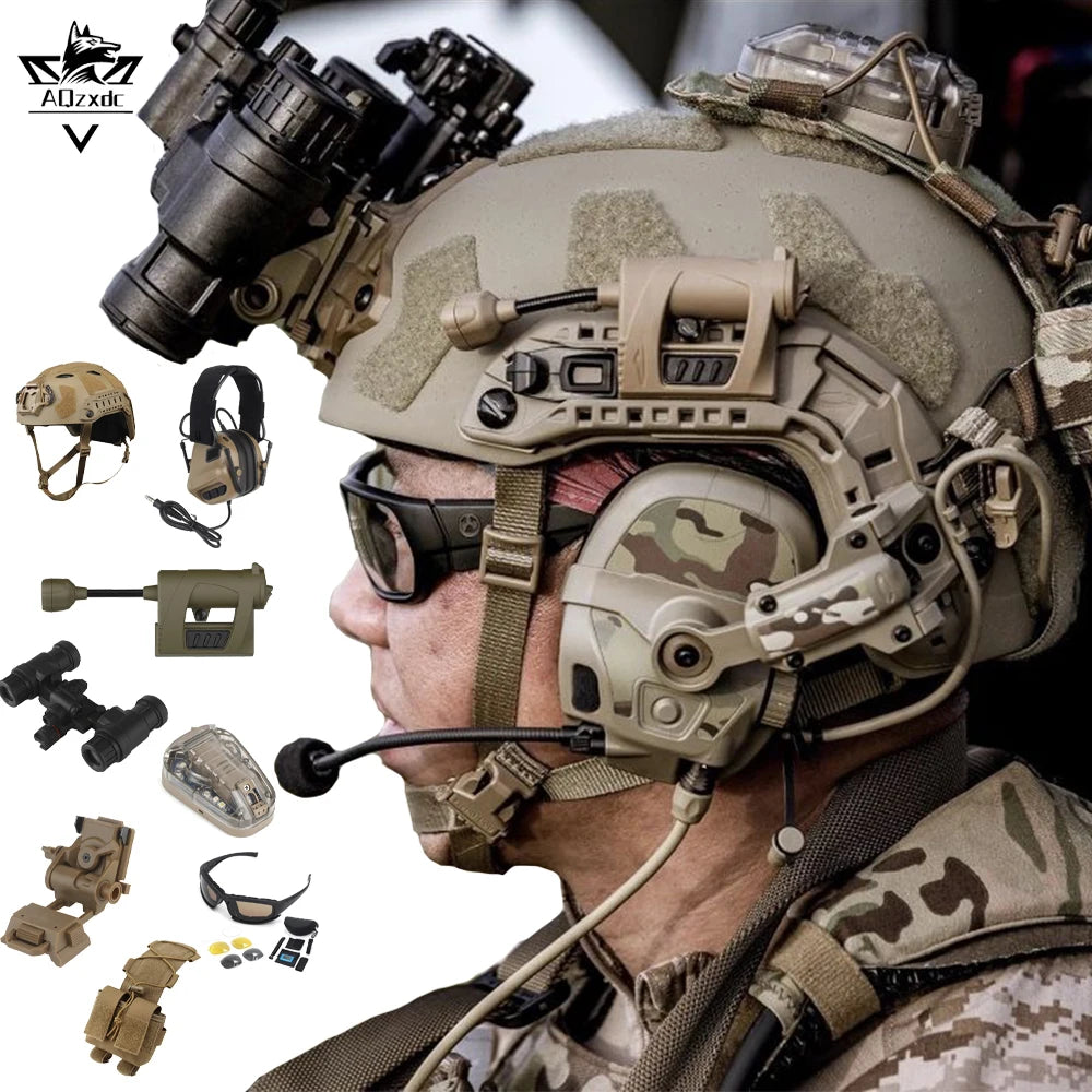 Tactical Helmet Set with Goggles Earphones Helmet Lights Binocular NVG Models Signal Light for CS Hunting Paintball Shooting