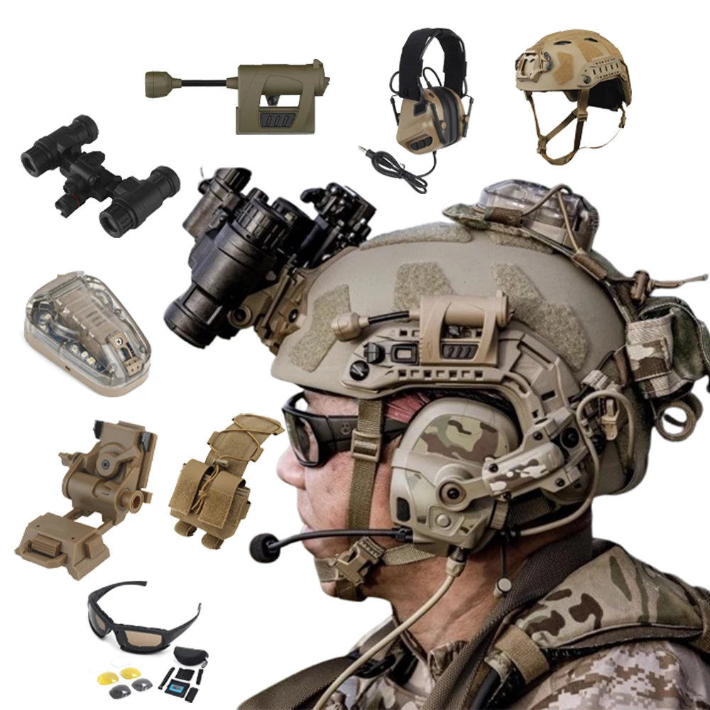 Tactical Helmet Set with Goggles Earphones Helmet Lights Binocular NVG Models Signal Light for CS Hunting Paintball Shooting