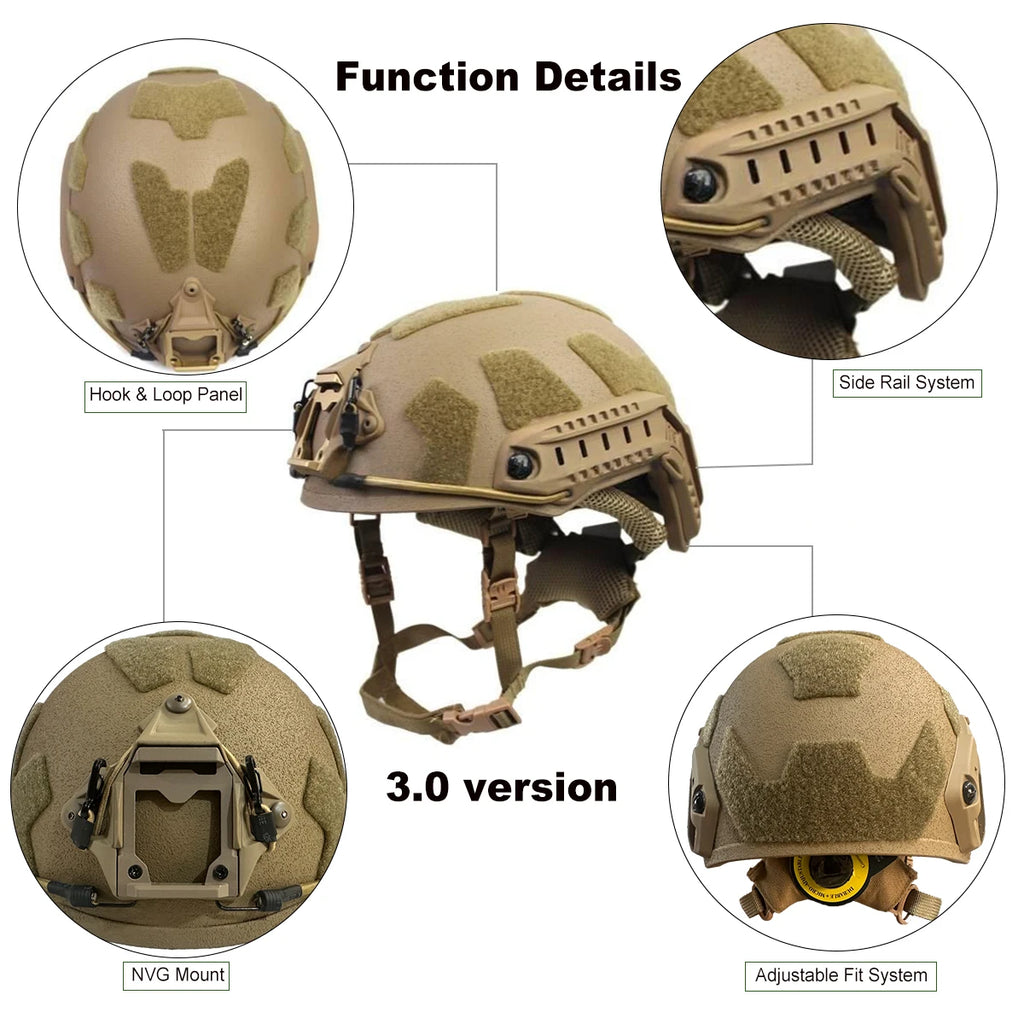 FAST Fiberglass Helmet Shell Airsoft Paintball Training Outdoor Sports Helmet with Side Rails Hook Loop Panel