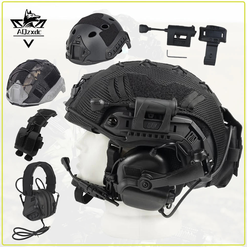 Airsoft Tactical Helmet Set FAST Full Head Protection Equipment with Helmet Light Earphones Battery Pouch for Paintball Shooting