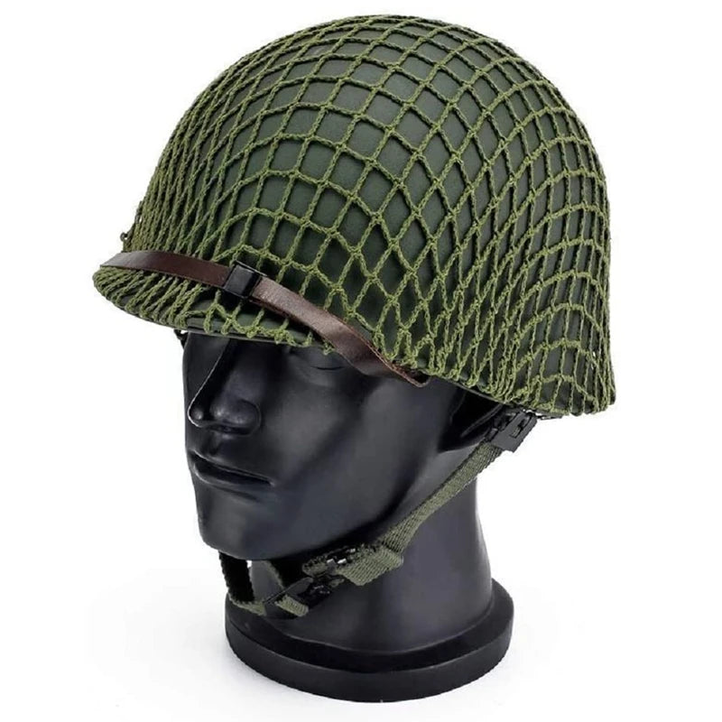 Tactical M1 Helmet Durable Heavy Duty Helmet Adjustable with Net Canvas Green Steel Helmet Paintball Equipment Field