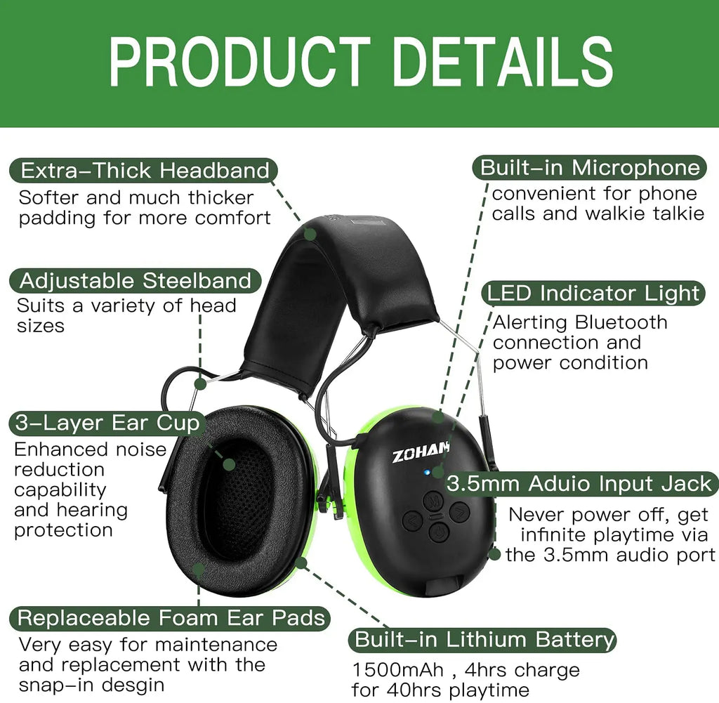 ZOHAN Hearing Protection Bluetooth Headphone Earmuffs 5.0 Headphones Safety Noise Reduction 25dB NRR Protector for Mowing Music