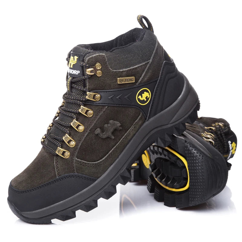 Genuine Leather Hiking Boots Men Winter Outdoor Warm Fur Non Slip Fashion Sneakers Ankle Boot Rubber Climbing Shoes Classical