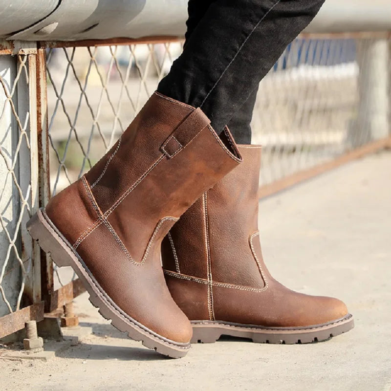 Spring Autumn Retro Genuine Leather Men Mid-Calf Boots Slip-On Male Real Leather Work Safety Shoes Motorcycle Half Boot 1905