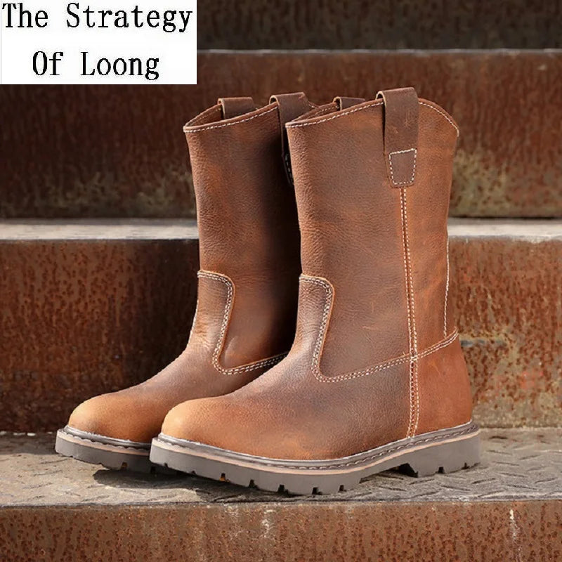 Spring Autumn Retro Genuine Leather Men Mid-Calf Boots Slip-On Male Real Leather Work Safety Shoes Motorcycle Half Boot 1905