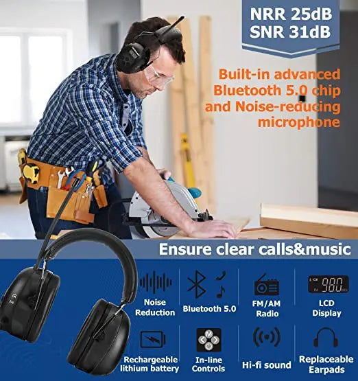 033 Upgraded 5.4 Bluetooth Hearing Protection AM FM Radio Headphones Noise Reduction Safety Earmuffs Gifts for Father