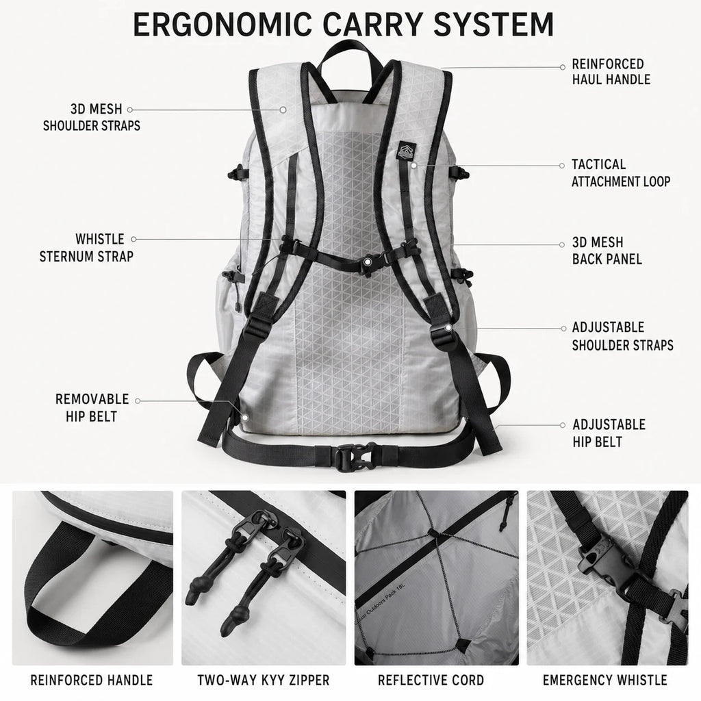 Ultralight Hiking Backpack 18L Sailcloth Fabric FIBERMAX44 Waterproof Anti-tear Trek Rucksack for Camping Sports Travel Unisex
