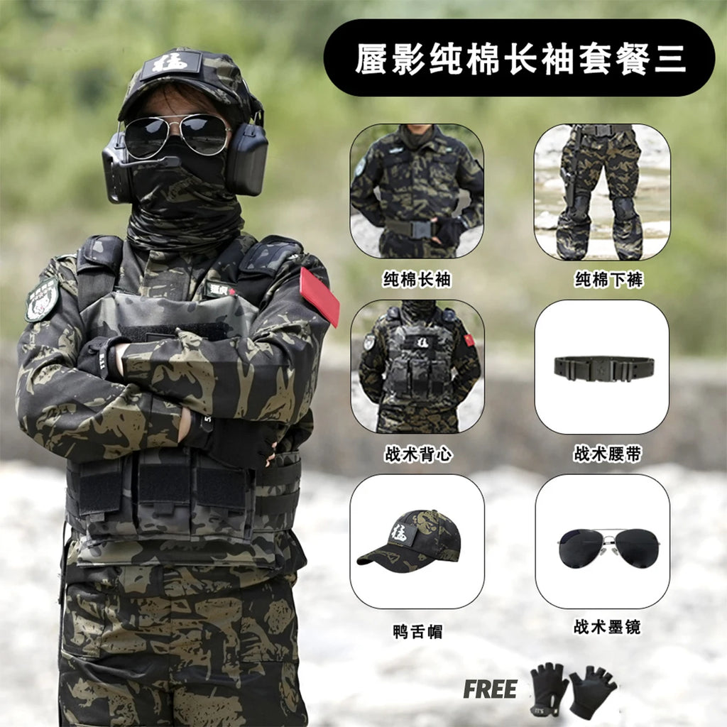 Kid's Camouflage Set with Tactical Helmet Gear Accessories for Airgun Paintball Shooting Special Forces Children's Training Suit