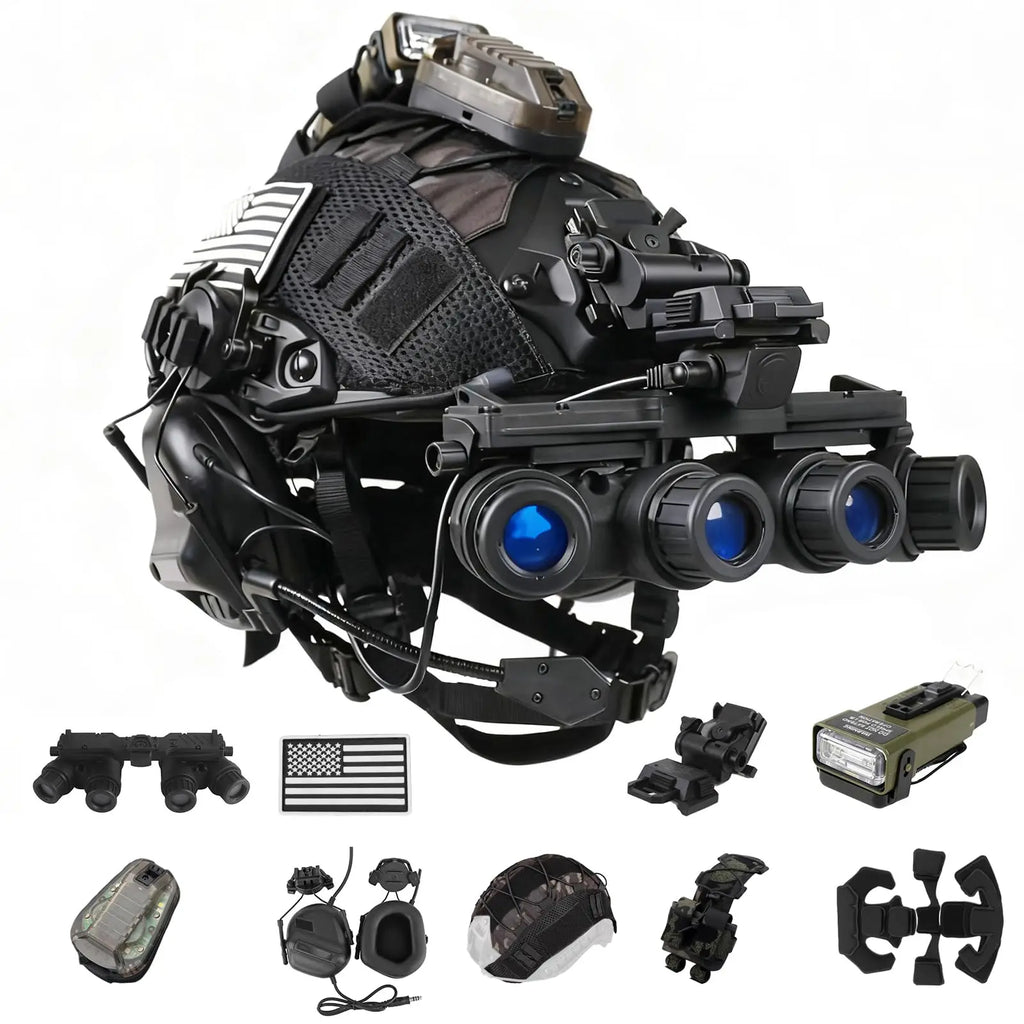 8in1 Upgraded Tactical Helmet Set with Adjustable Protective Helmet Headset Survival Signal Light NVG Model for Airsoft Cosplay