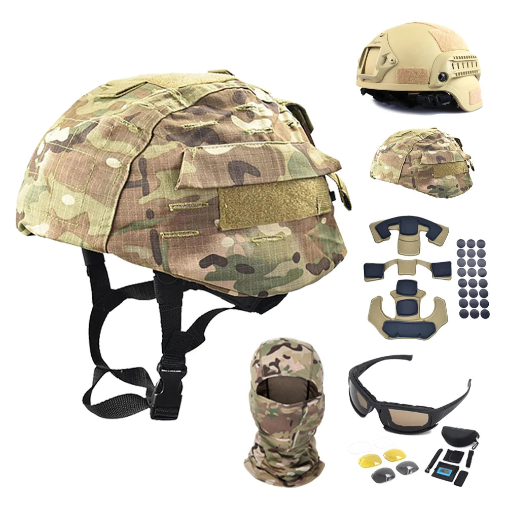 Tactical MICH Protective Helmet Set with Helmet Cloth Glasses Airsoft Outdoor Hunting Paintball Shooting Helmet Accessies
