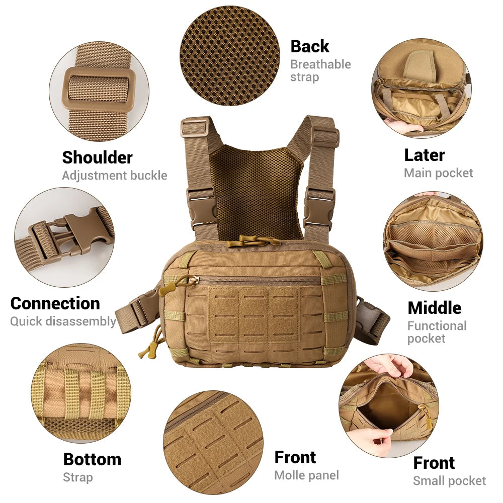 Tactical Chest Rig Bag with Gun Holster Hunting Chest Pack Molle Admin Pouch Utility EDC Chest Pouch Pistol Bag Adjustable Strap