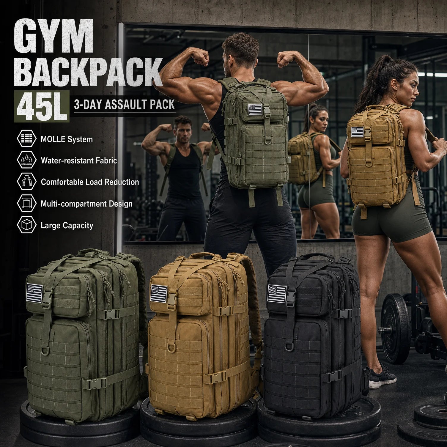 45L Tactical Gym Backpack Molle Water Resistant Sports Bag Large Capacity Training Fitness Workout Pack Men Women Travel Hiking Camping Rucksack Durable Multi Pocket Basketball Football Yoga Shoes Bag Weekend Trip Duffel Daypack Athletes Wear Resistant