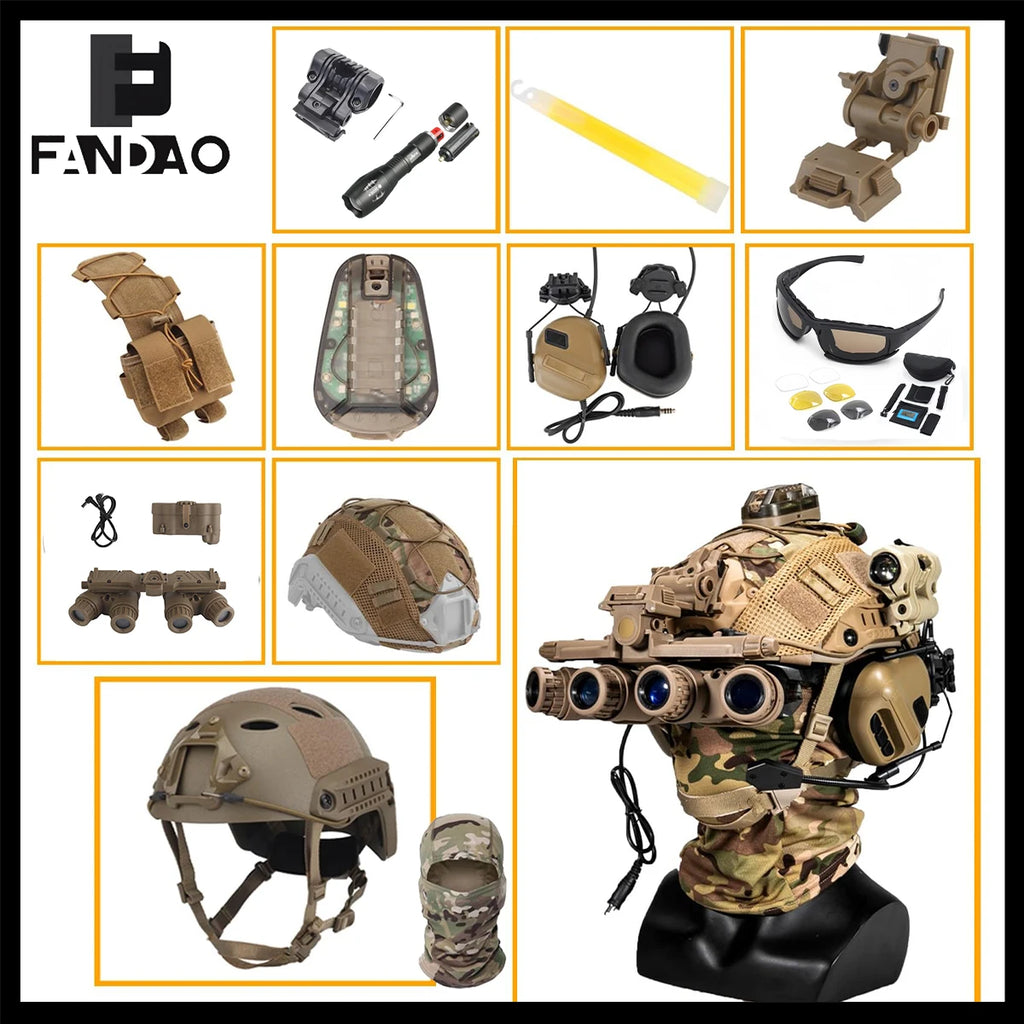 Tactical Airsoft Helmet Set with Headset Helmet Cover NVG Model Flashlight Signal Light for Cosplay Paintball Hunting BB CS Game