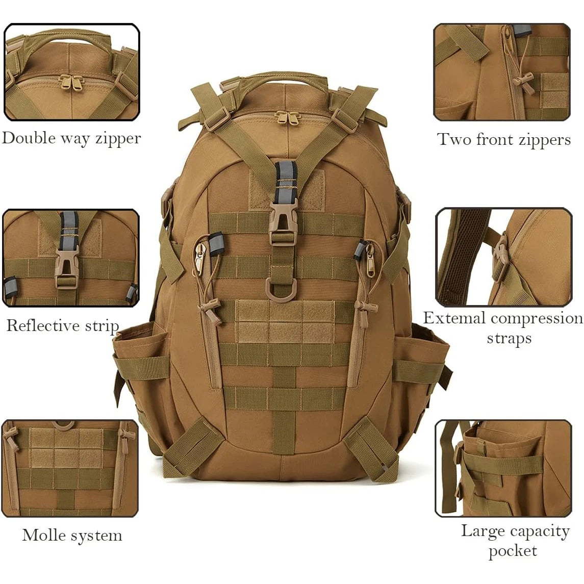 35L Tactical Hunting Backpack for Men with MOLLE System & Reflective Strip, Outdoor Hiking Rucksack with Dual Cup Holders & Compression Straps, Deer Bow Archery Elk Waterfowl Hunting Gear Bag