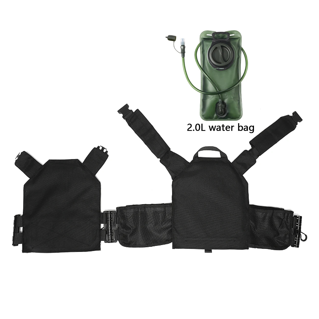 MOLLE webbing system hunting vest comes with a 2.0-liter capacity water bag, quick release buckle, water hose, and bite