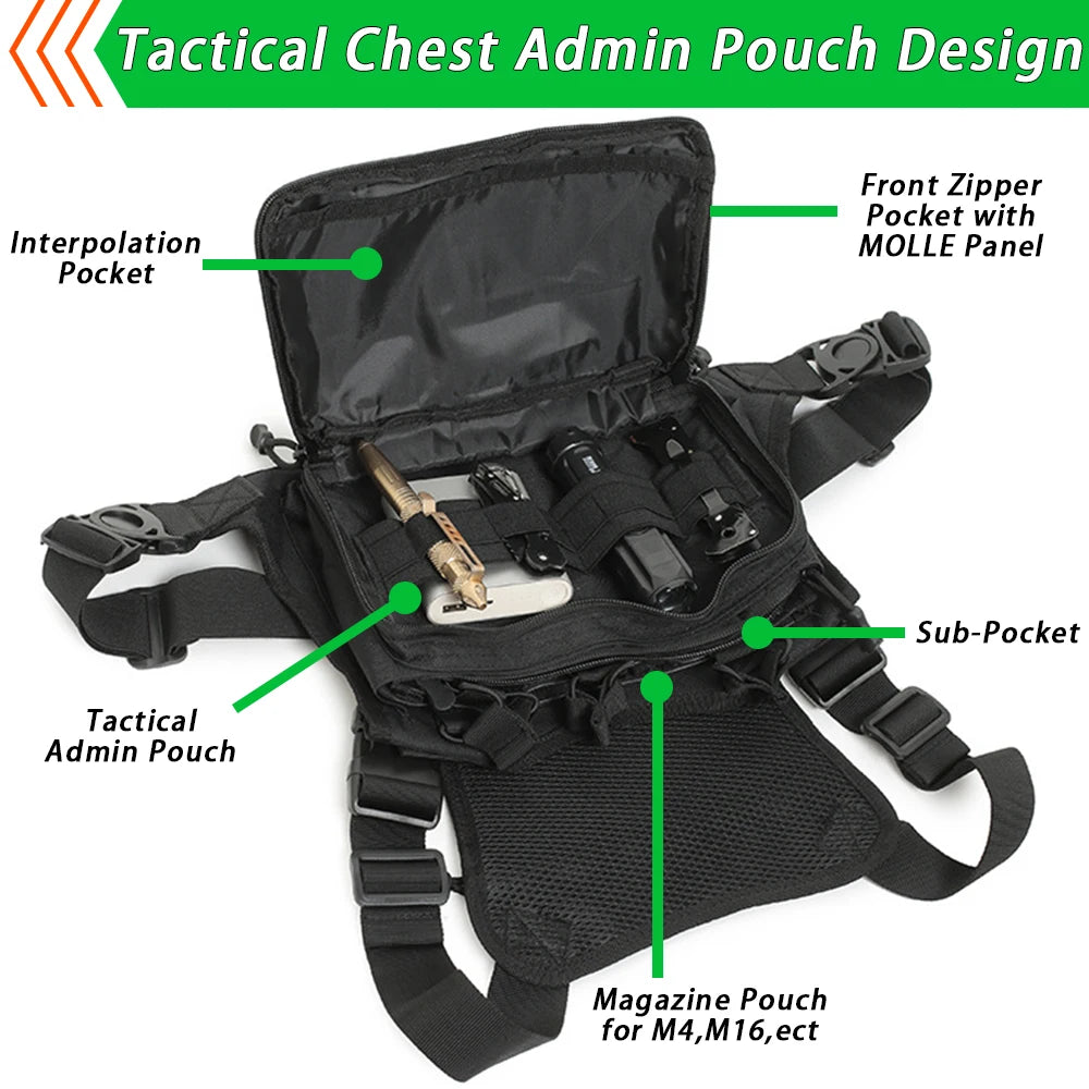 Tactical Chest Admin Bag with Triple Mag Pouch Running Chest Bag Utility Chest Pack Rig Pouch Medical EDC Gadgets Organizer Bag