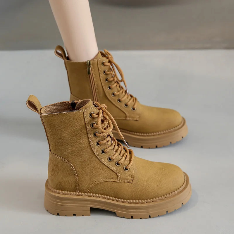 Crestar Women's Fashion Boots Retro Leather Ankle Boots Women Luxury Soft Sole Short Boots New Platform Non-slip Round Toe Boots
