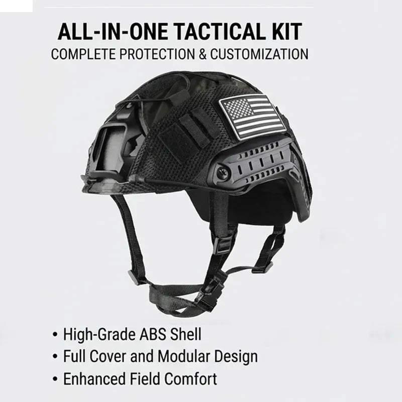 Tactical Fast PJ Helmet with Helmet Cover Pads Airsoft Paintball Combat Training Protection ABS Helmet with Magic Patches