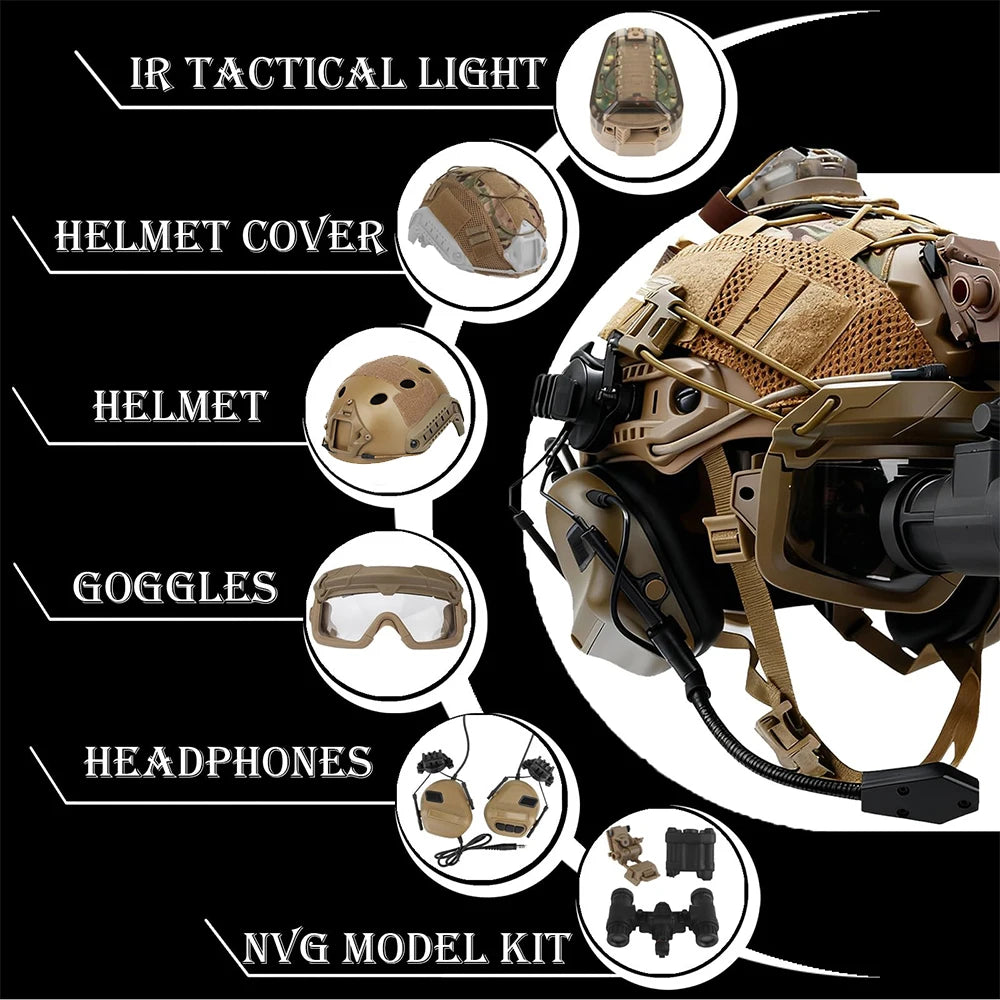 Tactical Fast Helmet Set Multifunctional 7-in-1 Airsoft Bump Helmet with Headphones NVG Model Signal Light for Paintball Cosplay