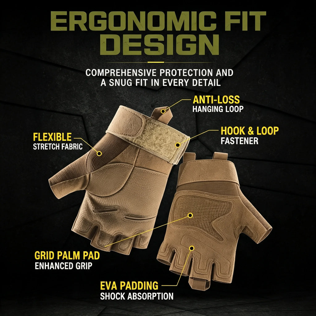Tactical Half‑Finger Gloves for Men Adjustable Wrist Strap Shock Absorbing Gloves for Cycling Shooting Camping Work