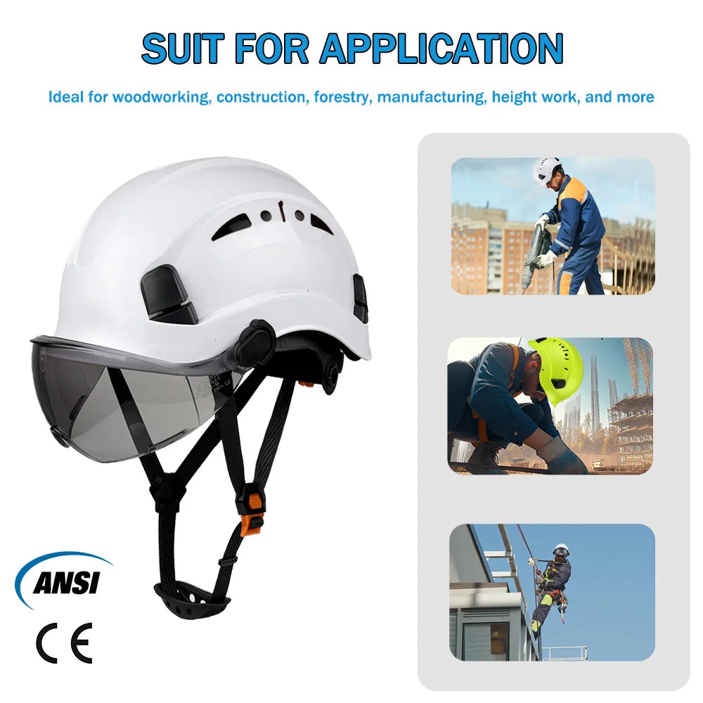 CE ANSI Summer Breathable Safety Helmet with Sun Visor Goggles Vented Construction Hard Hat Outdoor Work Protective Cap