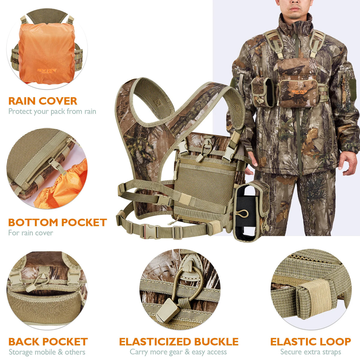 NEW VIEW Quiet Binocular Harness Chest Pack with Detachable Rangefinder Pouch, Adjustable Bino Harness & Rain Cover