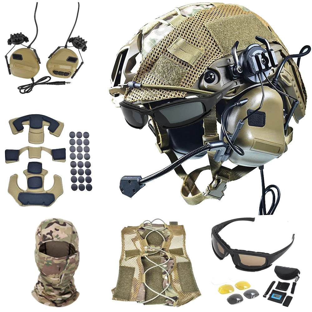 Tactical Airsoft Fast Helmet Set with Headset Helmet Cover Foam Protective Pad Goggles Outdoor Riding Protective Helmet Gear