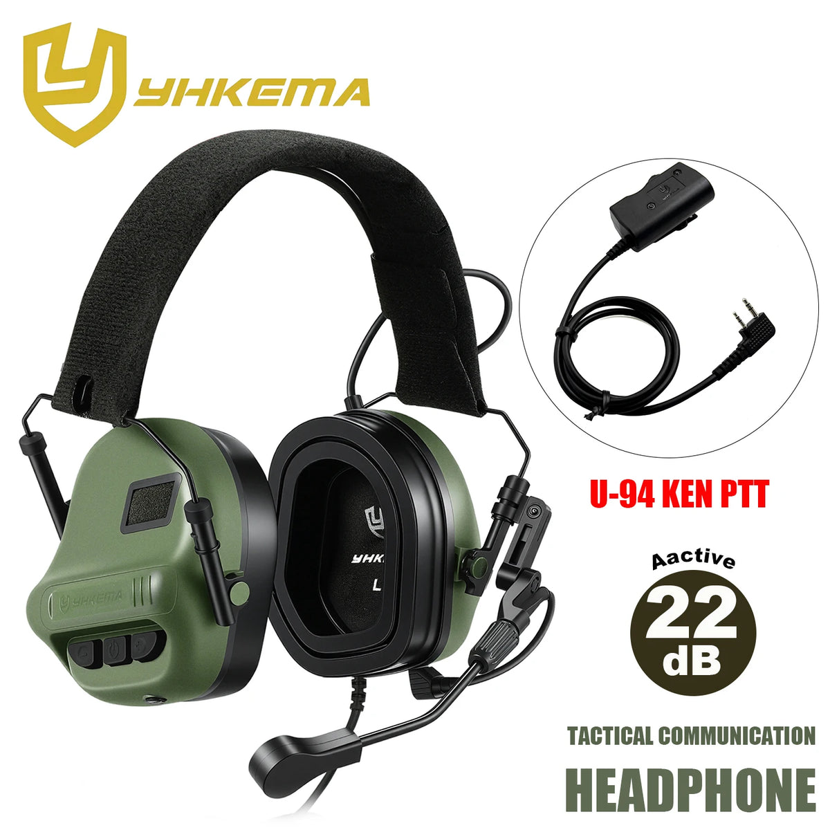 YHKEMA E70 Tactical Shooting Headset + U94 PTT for kenwood, Active Noise Canceling Earmuffs for Hunting, Airsoft