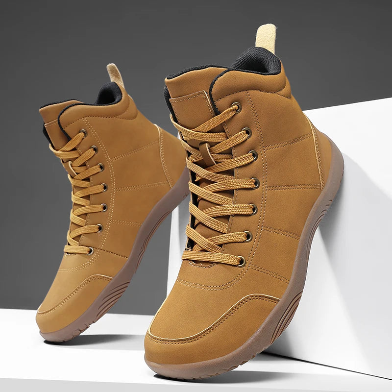 Outdoor Wide Toe Barefoot Men Hiking Boots Minimalist Leather Ankle Boots Zero Soles Winter Couple Walking Casual Sneakers