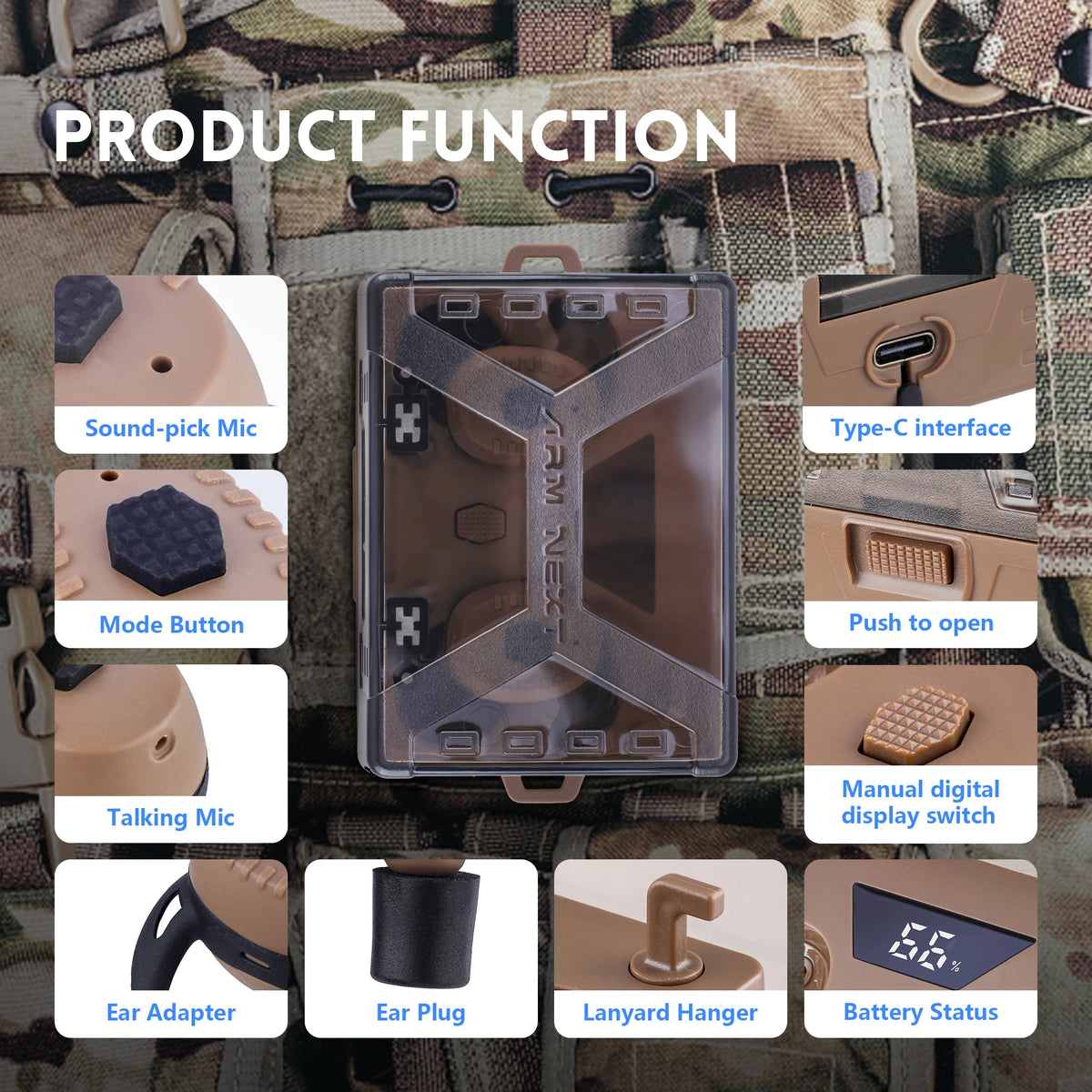 ARM NEXT E30 Tactical Headset Electronic Anti-Noise Earplugs Noise-Cancelling for Shooting Protection NRR27dB with Bluetooth