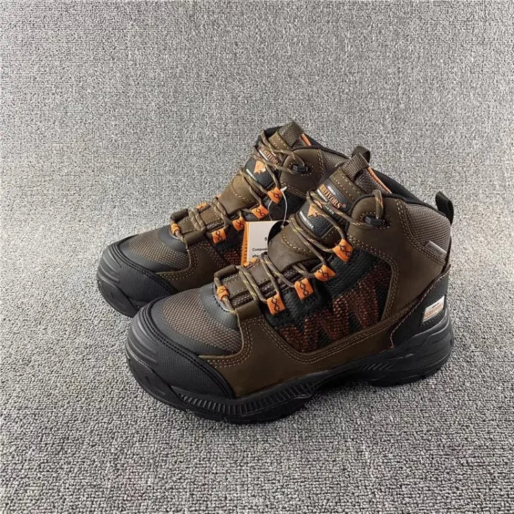 Men Outdoor Sneakers Spliced Cow Leather High Top Hiking Shoes Anti Skid Platform Waterproof Camping Shoes Sports Trekking Shoes