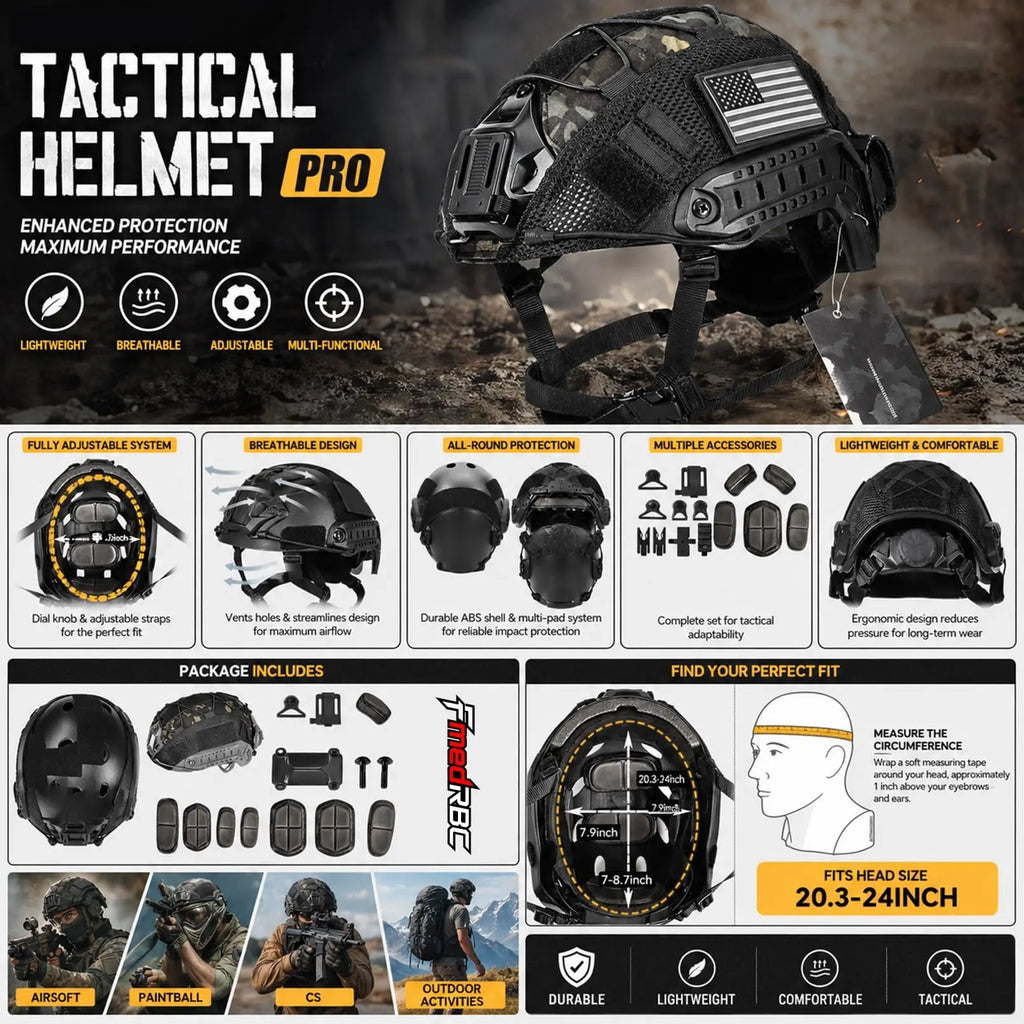 Tactical Helmet Set with Comms Headset Mesh Cover Detachable Boom Mic Counterweight Pouch for Airsoft, Paintball, Cosplay