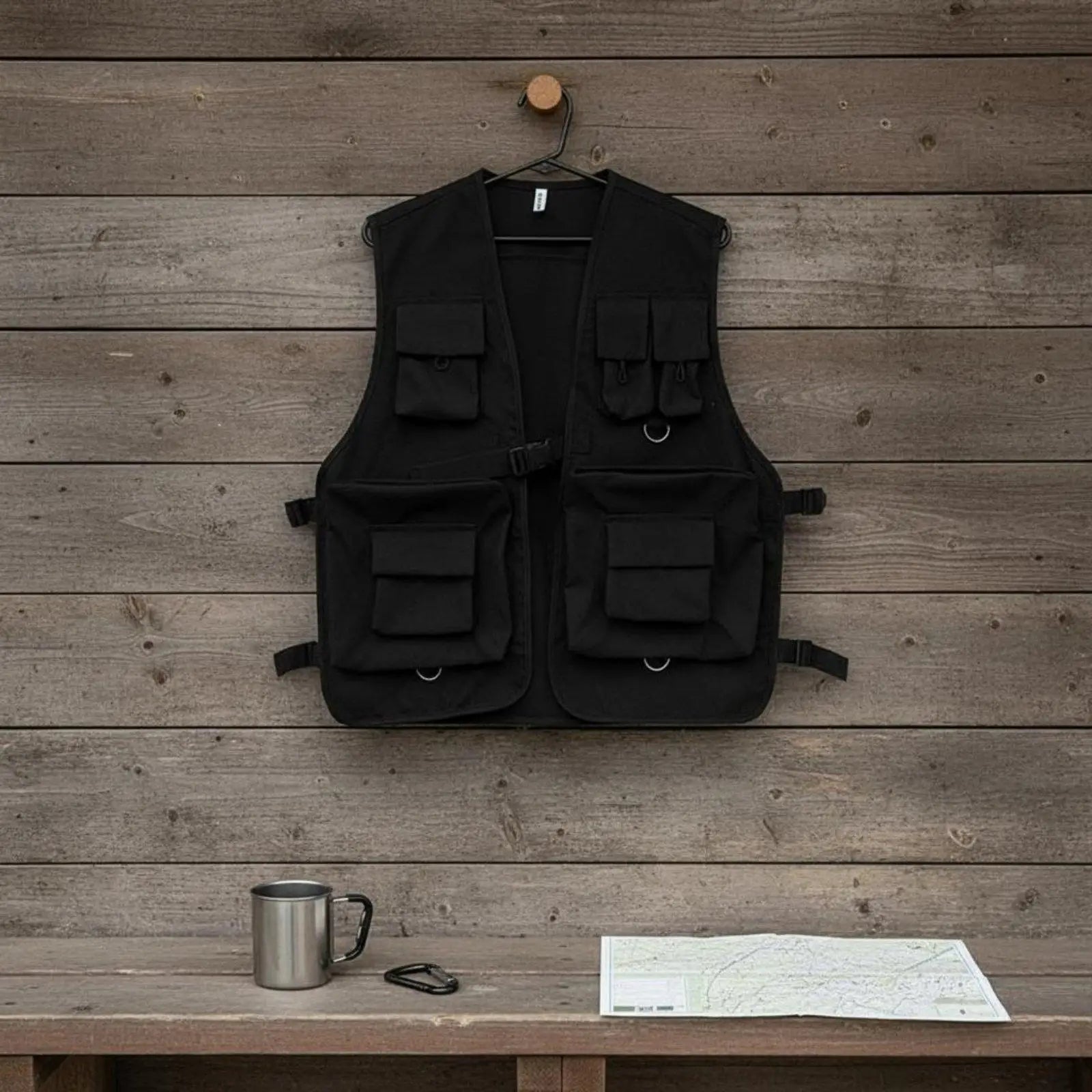 Black Cargo Vest Streetwear Multi-Compartment Vest Apparel for Women, Outdoor