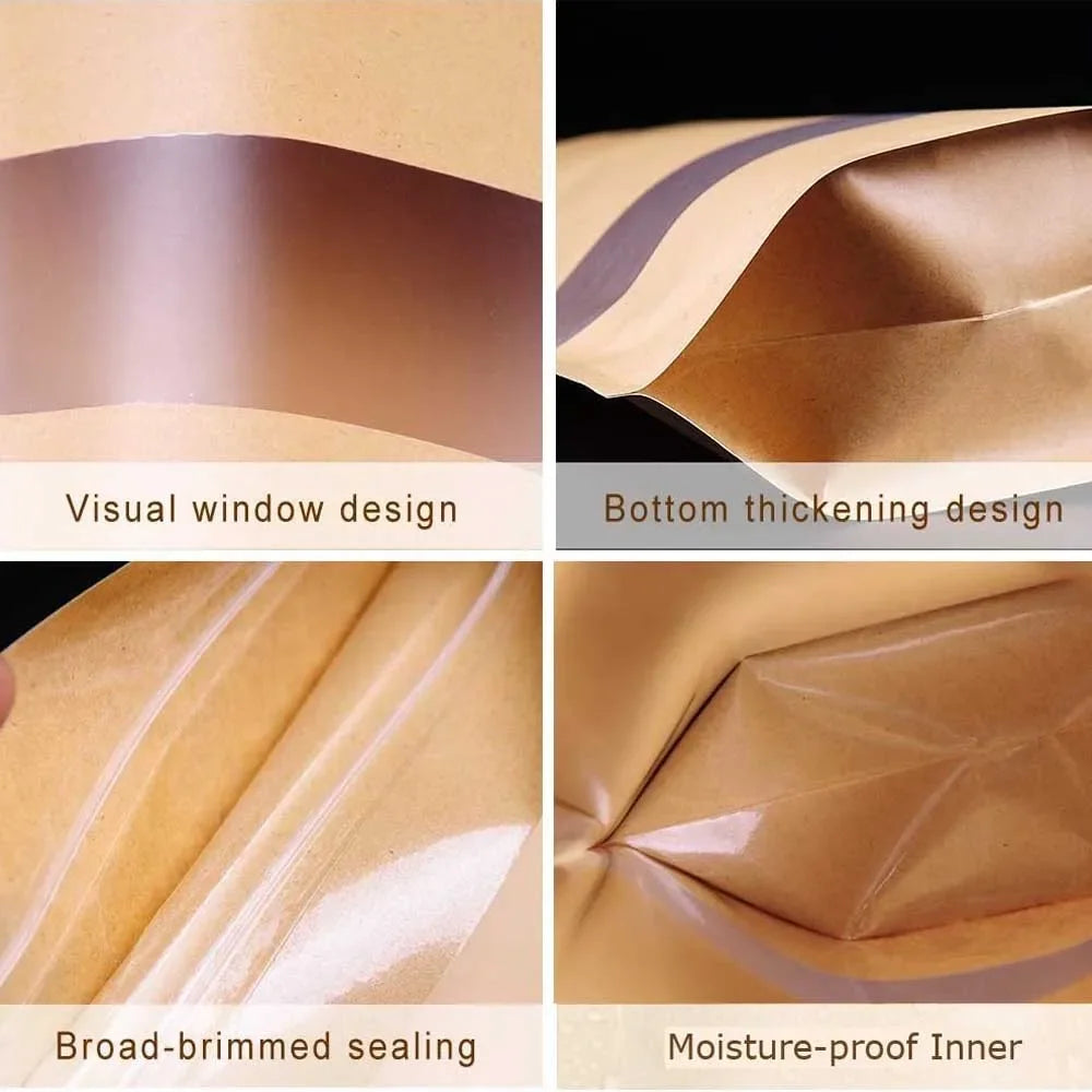 10-50pcs Customizable Logo Zipper Kraft Paper Window Bags for Biscuits Nuts Snacks Tea Packaging Seal Self-Sealing Bags
