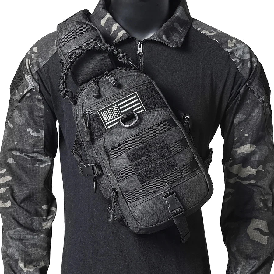 Single shoulder chest bag, widened and thickened shoulder pad, MOLLE system, multi hanging point design, woven handle