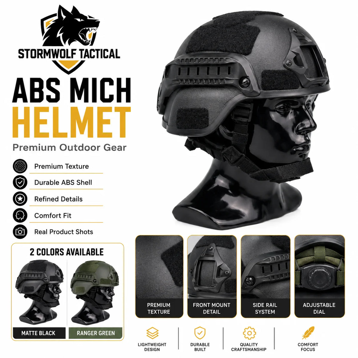 ABS MICH Style Outdoor Sports Helmet Lightweight Headgear with Adjustable Suspension Liner Side Rail for Training