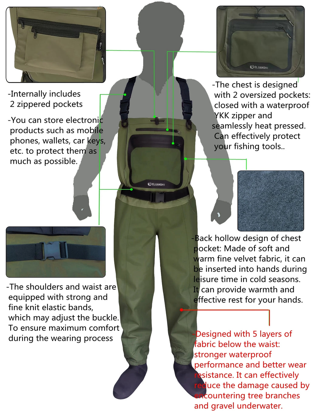 5 Layer Breathable Waterproof Fly Fishing Chest-High Waders Stockingfoot High Pant Wader Durable Duck Hunting Wading Pants