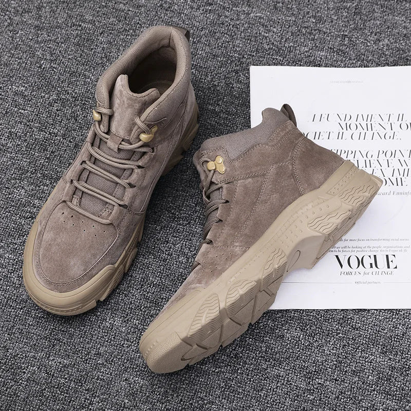 Suede Leather Ankle Boots for Men Hand High-top Hiking Shoes Outdoor Non-slip Male Motocross Boots Versatile Leisure Walk Botas
