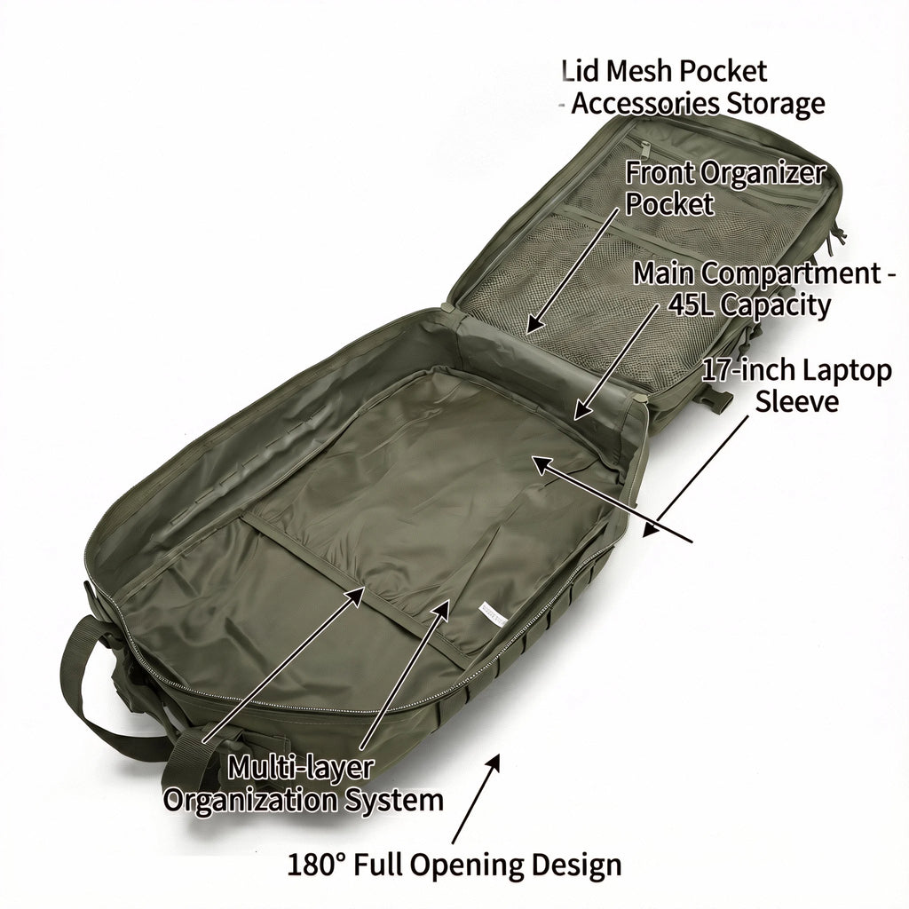45L Tactical Gym Backpack Molle Water Resistant Sports Bag Large Capacity Training Fitness Workout Pack Men Women Travel Hiking Camping Rucksack Durable Multi Pocket Basketball Football Yoga Shoes Bag Weekend Trip Duffel Daypack Athletes Wear Resistant