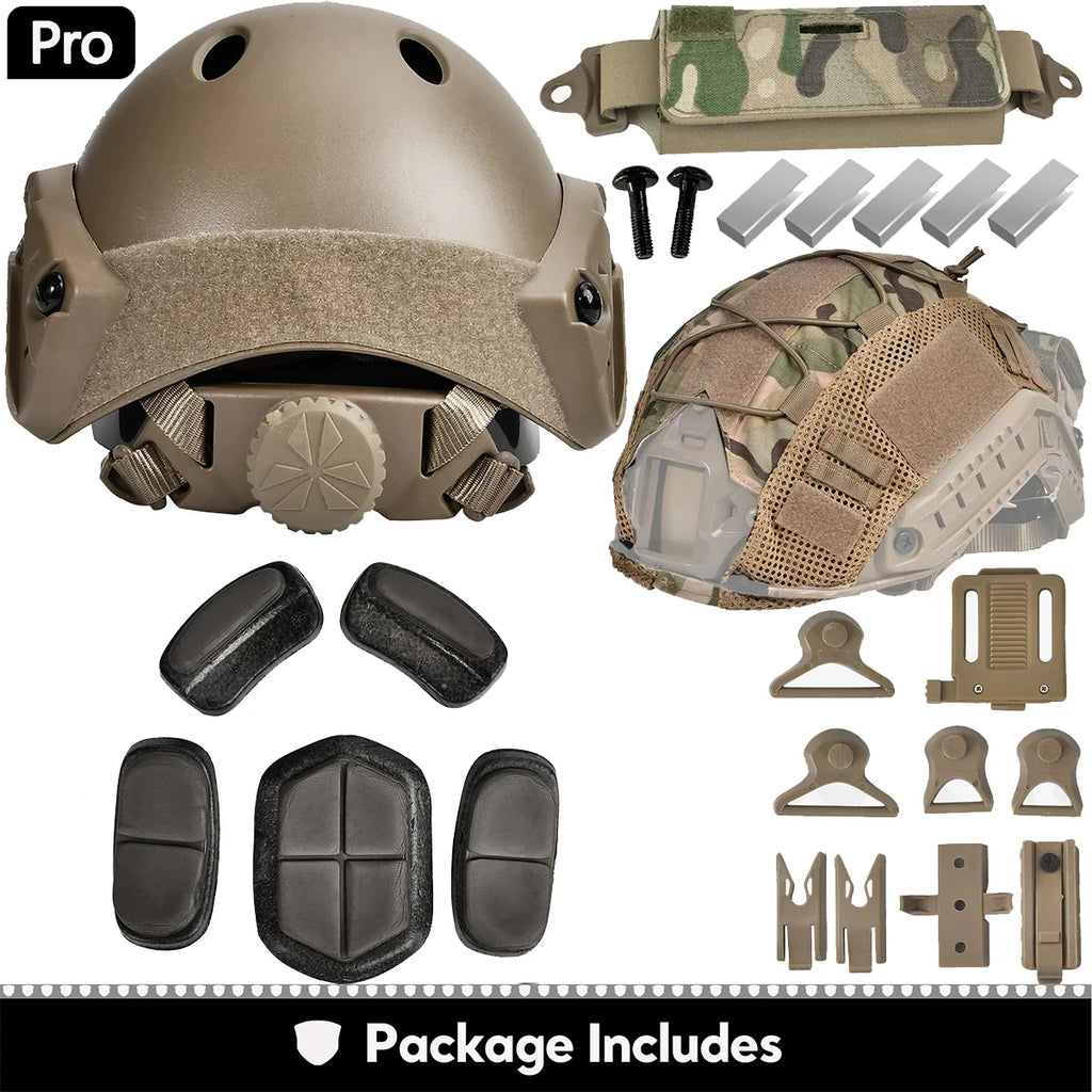 Tactical Airsoft Helmet Set FAST Protective Helmet with Helmet Cover Inner Pad Counterweight Pouch Mask for Hunting Role Playing
