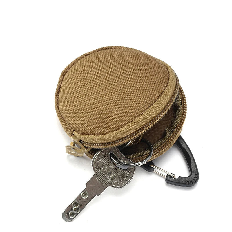 Mini Tactical EDC Coin Purse Round Zipper Key Holder Nylon Storage Pouch with Carabiner Clip for Daily Use Outdoor Accessories