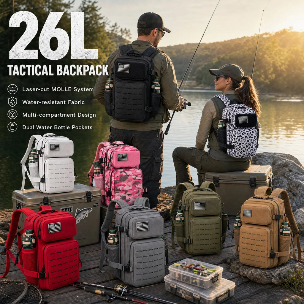 26L Men's Fishing Rucksack with MOLLE System & Double Cup Holders, Tactical Outdoor Hiking Backpack for Kayak Bass Trout River Fishing, Travel Camping Tackle Gear Storage Bag, Survival Kit