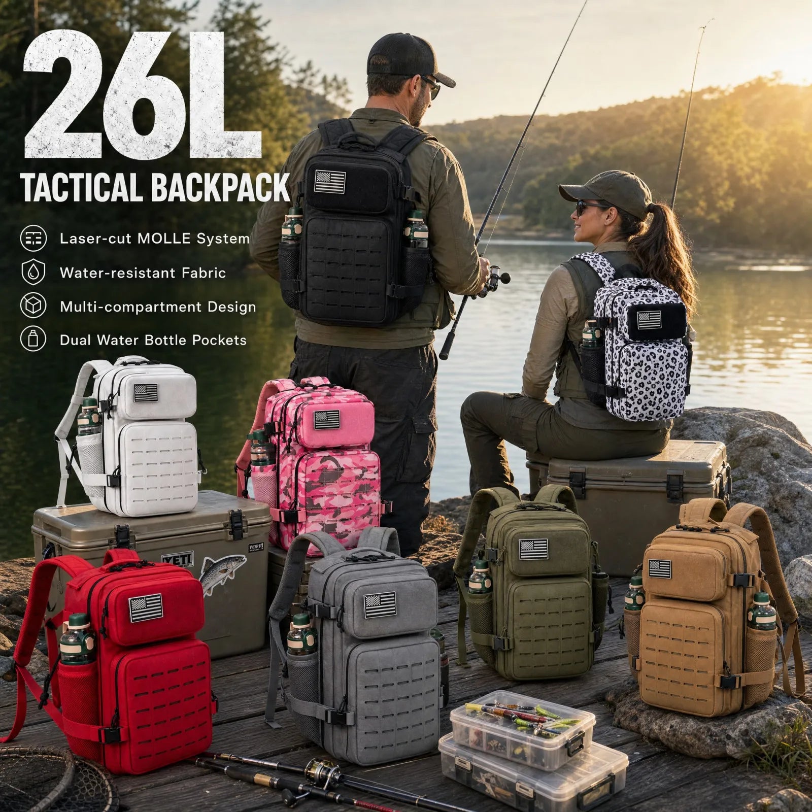 26L Men's Fishing Rucksack with MOLLE System & Double Cup Holders, Tactical Outdoor Hiking Backpack for Kayak Bass Trout River Fishing, Travel Camping Tackle Gear Storage Bag, Survival Kit