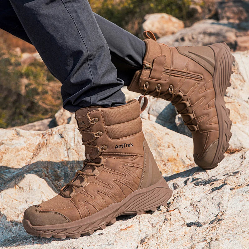 Men Tactical Boots Lace Up High Top Men's Hiking Shoes Waterproof Leather Hunting Sneakers Non-slip Outdoor Field Training Boots
