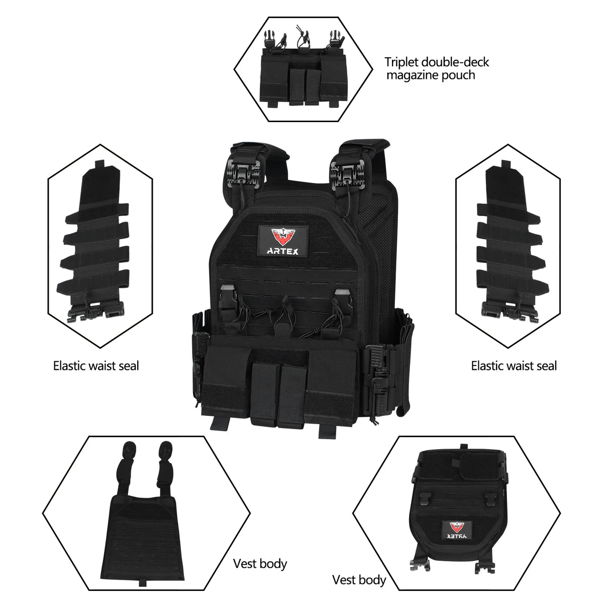 ARTEX 6094 Cycling Vest Outdoor Riding Gear Black MOLLE Style Vest Quick Release Design Laser Cut Style Storage Gear for Bike